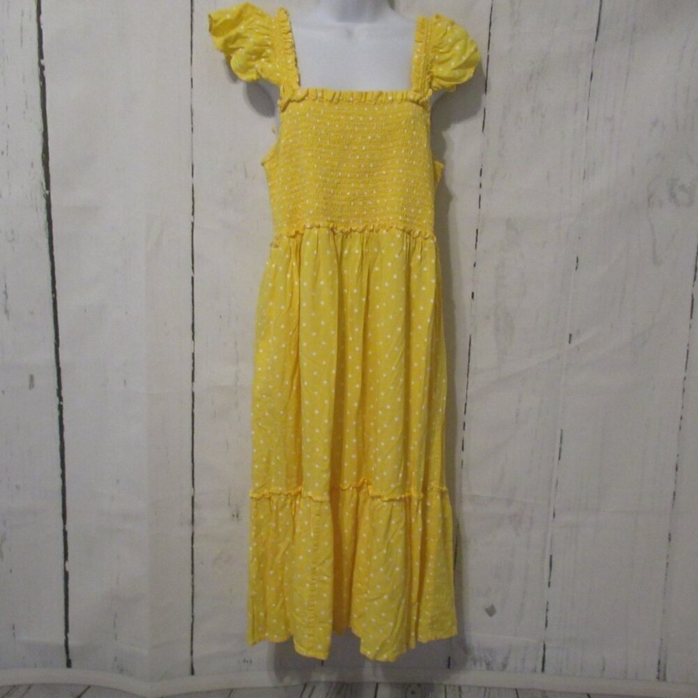 April Cornell Dress L Large Yellow Polka Dot Ruffle Smocked Prairie Cottagecore